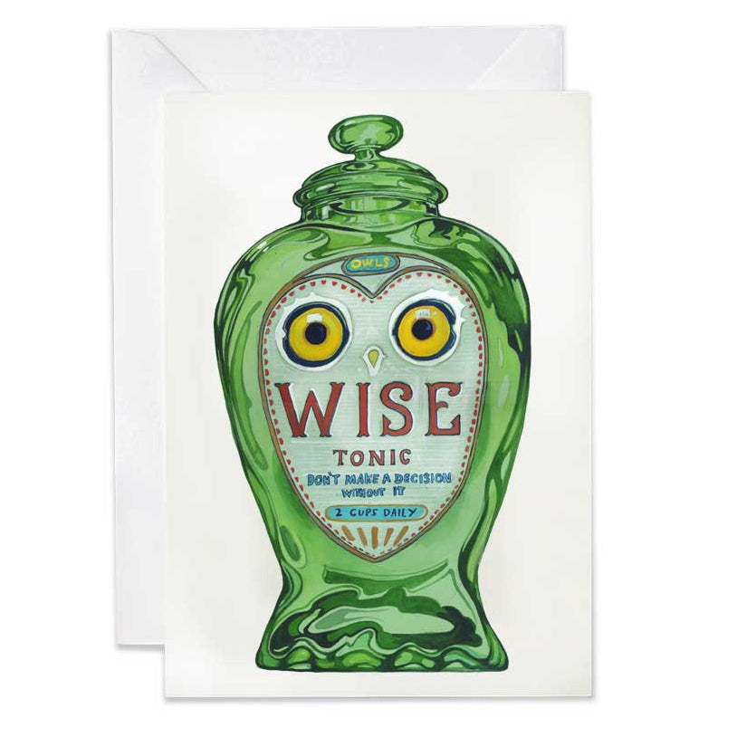 Green bottle with owl face design and 'WISE TONIC' text on a white background