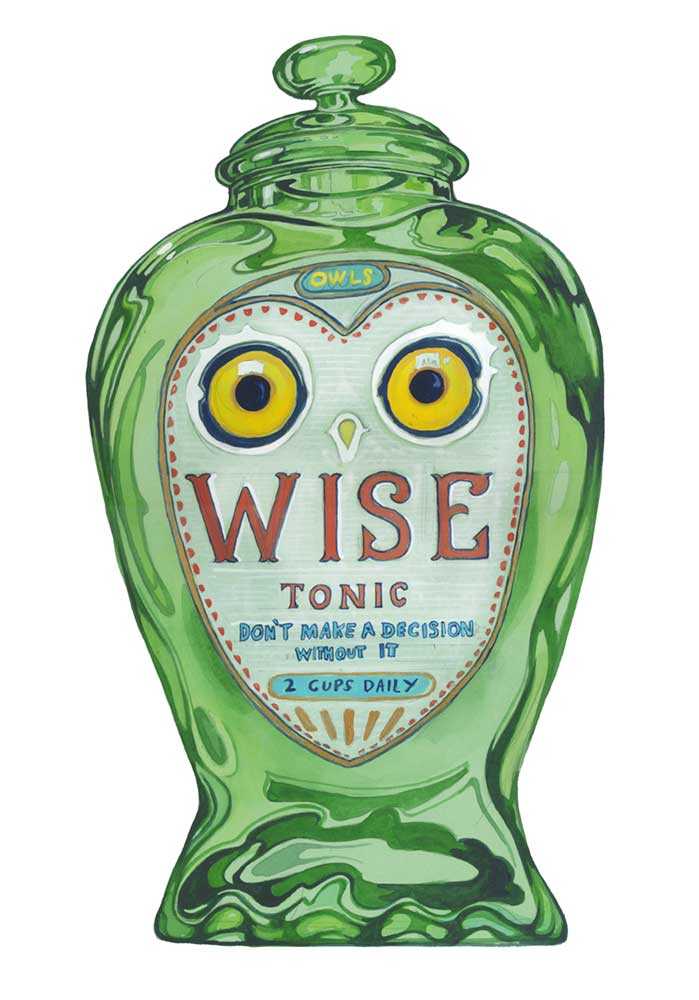 Green owl-shaped bottle labeled 'Wise Tonic' on a white background