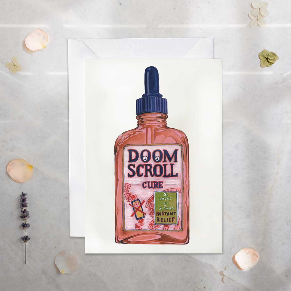 Illustration of a bottle labeled 'Doom Scroll Cure' on a textured surface with decorative elements.