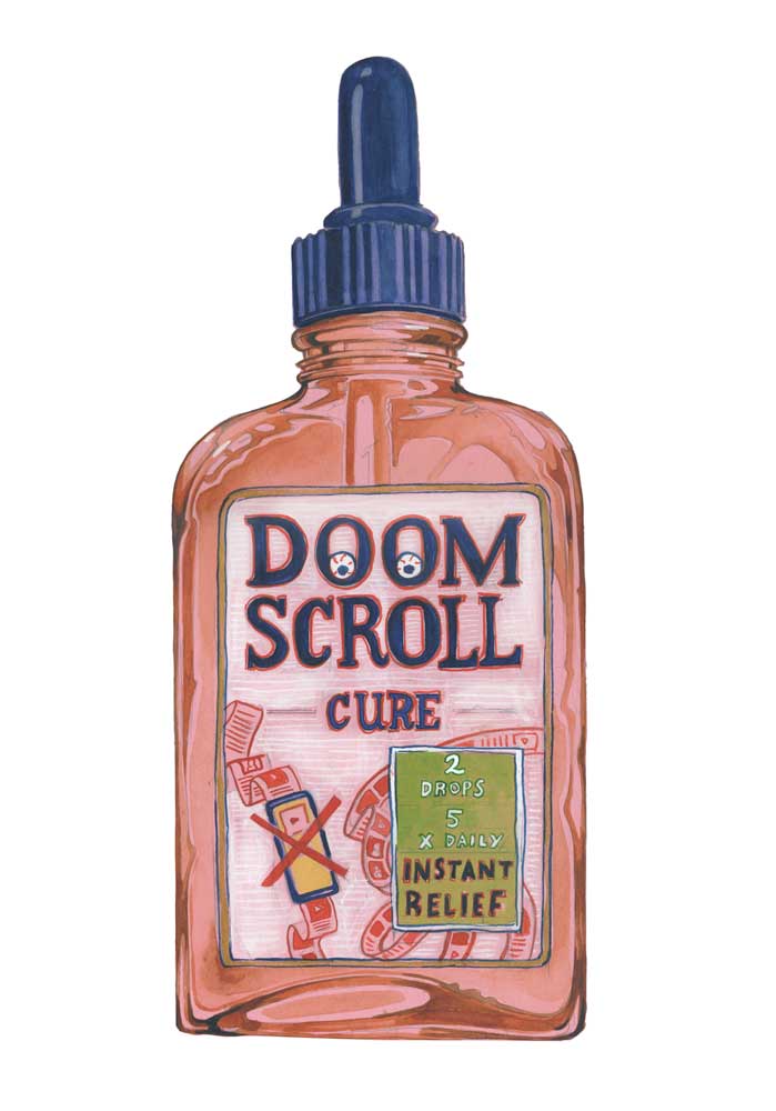 Bottle labeled 'Doom Scroll Cure' with a dropper on a white background