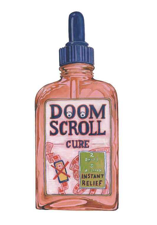Bottle labeled 'Doom Scroll Cure' with a dropper on a white background