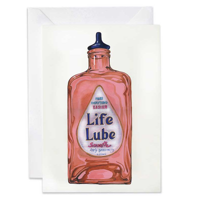 Greeting card with aLife Lube bottle design on a white background