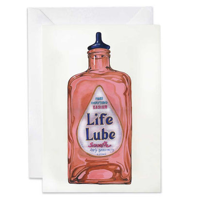 Greeting card with aLife Lube bottle design on a white background