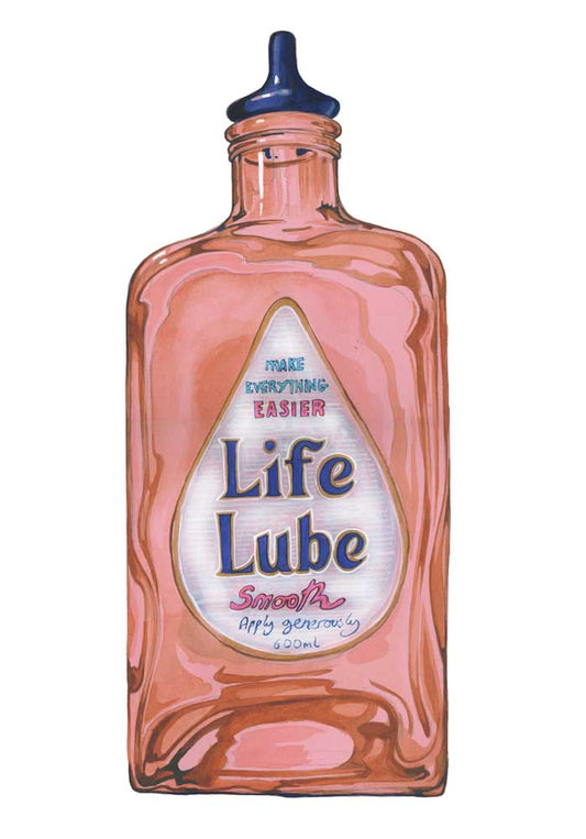 Bottle labeled 'Life Lube' on a white background
