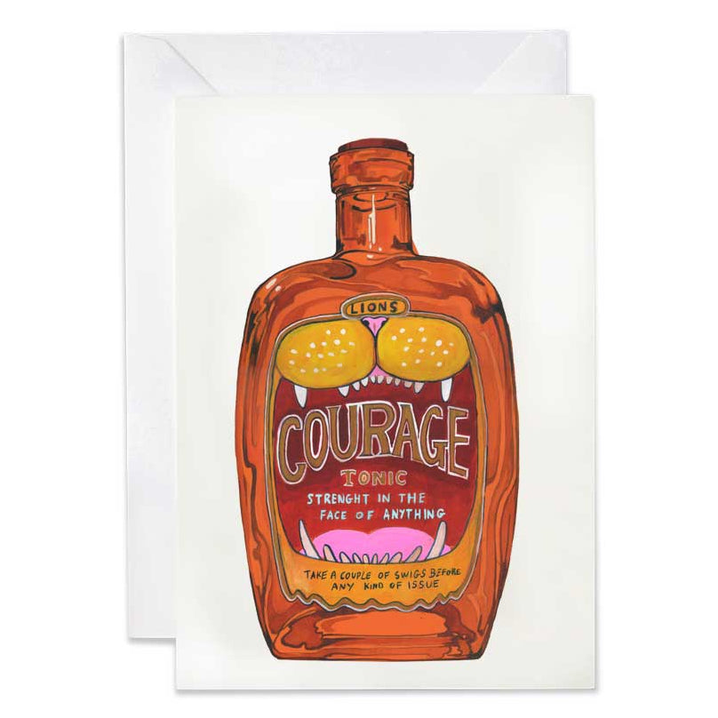 Greeting card with a bottle of 'Courage' tonic on a white background