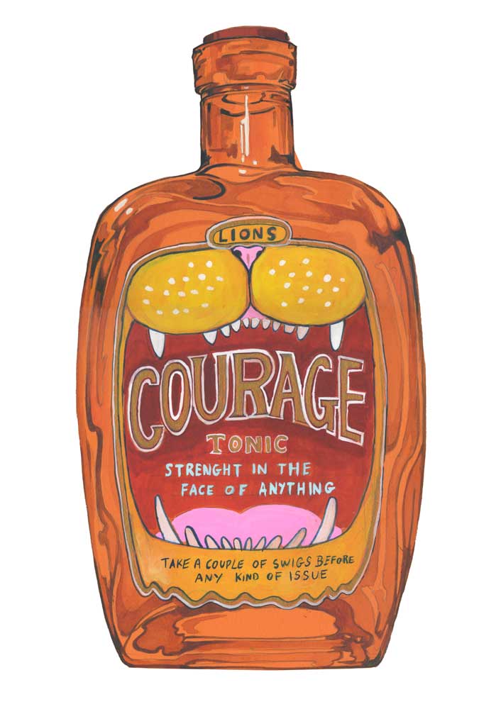 Bottle labeled 'Courage Tonic' with a humorous design on a white background