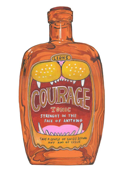 Bottle labeled 'Courage Tonic' with a humorous design on a white background