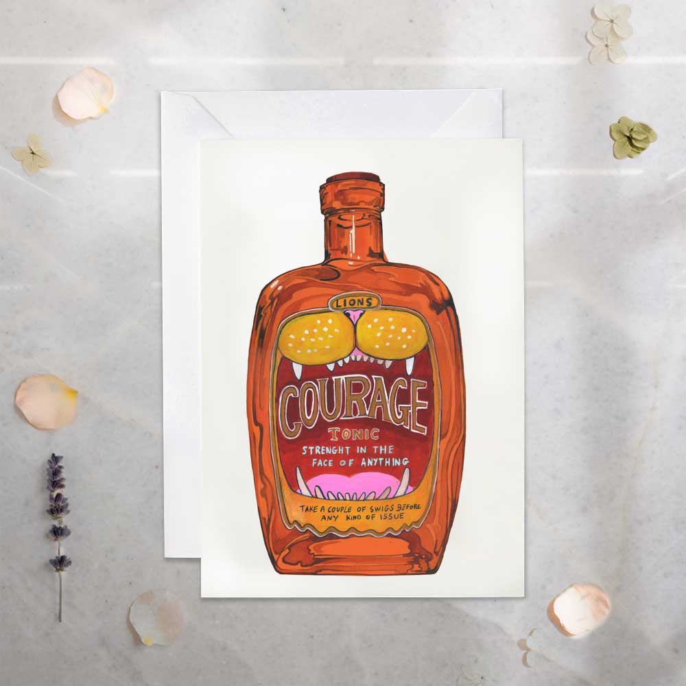 Cartoon bottle labeled 'Courage' on a white card with a decorative background