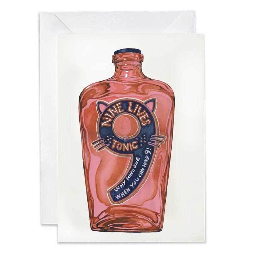 Greeting card with a bottle of 'Nine Lives Tonic' on a white background