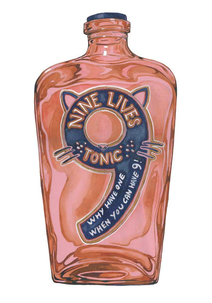Bottle of Nine Lives Tonic with a pinkish hue on a white background