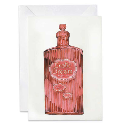 Greeting card with a pink bottle labeled 'Erotic Dream' on a white background