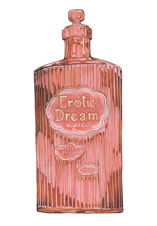 Pink bottle labeled 'Erotic Dream' on a white background