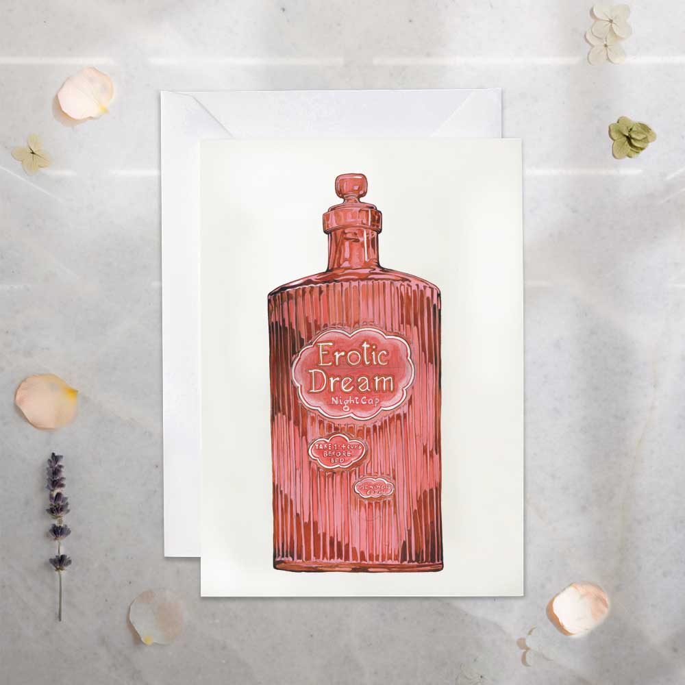 Illustration of a pink bottle labeled 'Erotic Dream' on a textured white background.
