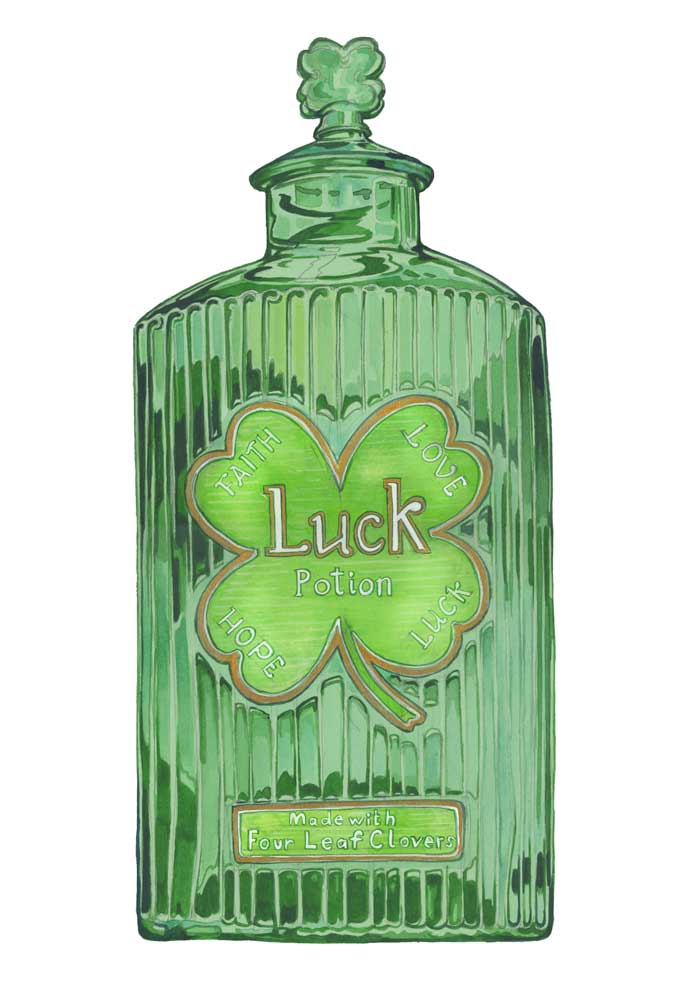 Luck potion, Green potion bottle with a four-leaf clover design on a white background
