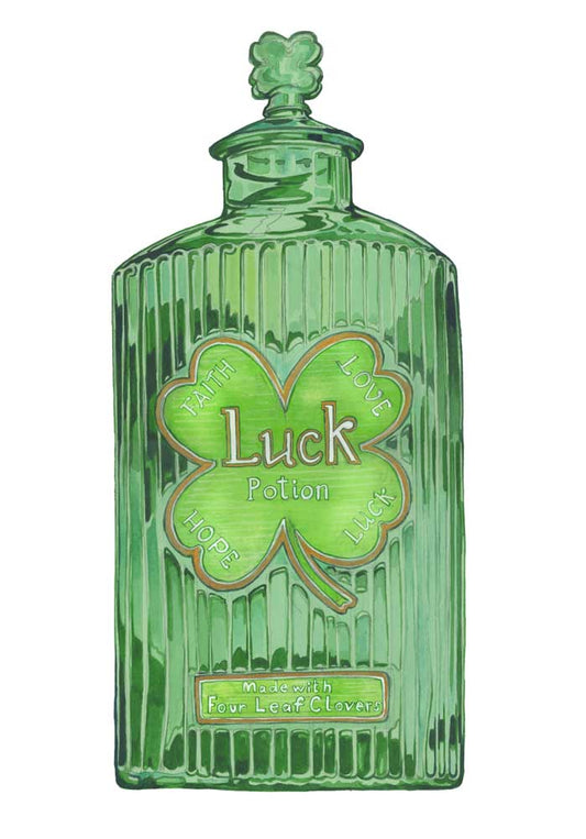 Luck potion, Green potion bottle with a four-leaf clover design on a white background