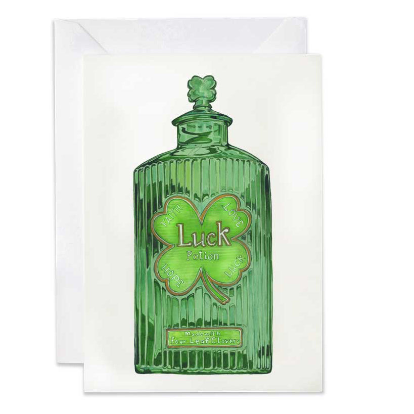 Greeting card with a green bottle design and shamrock, featuring the text 'Luck '