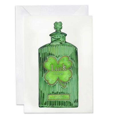 Greeting card with a green bottle design and shamrock, featuring the text 'Luck '