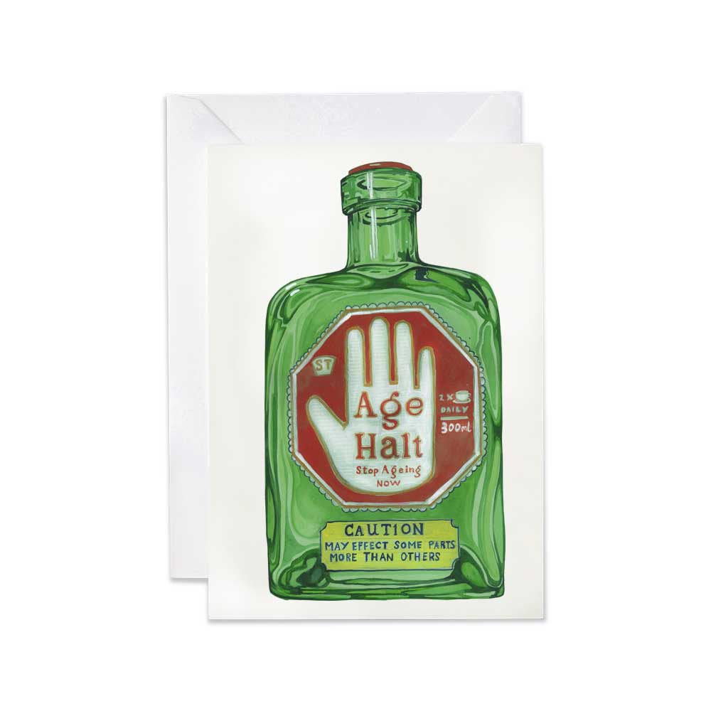 Greetings card - Age halt Tonic- Green bottle labeled 'Age Halt' with a red and white label on a white background