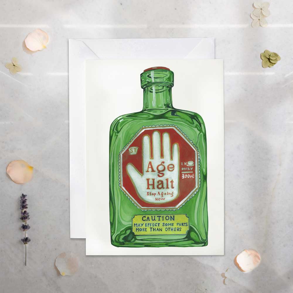 Green bottle labeled 'Age Halt' on a white card with decorative elements.