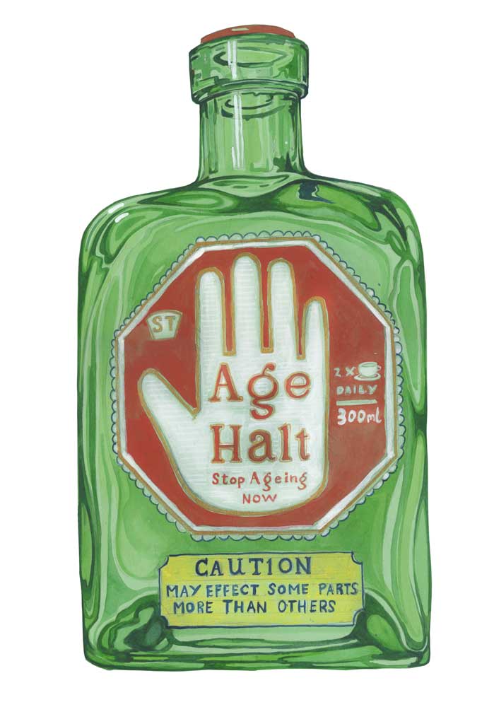 Greetings card - Age halt Tonic- Green bottle labeled 'Age Halt' with a red and white label on a white background