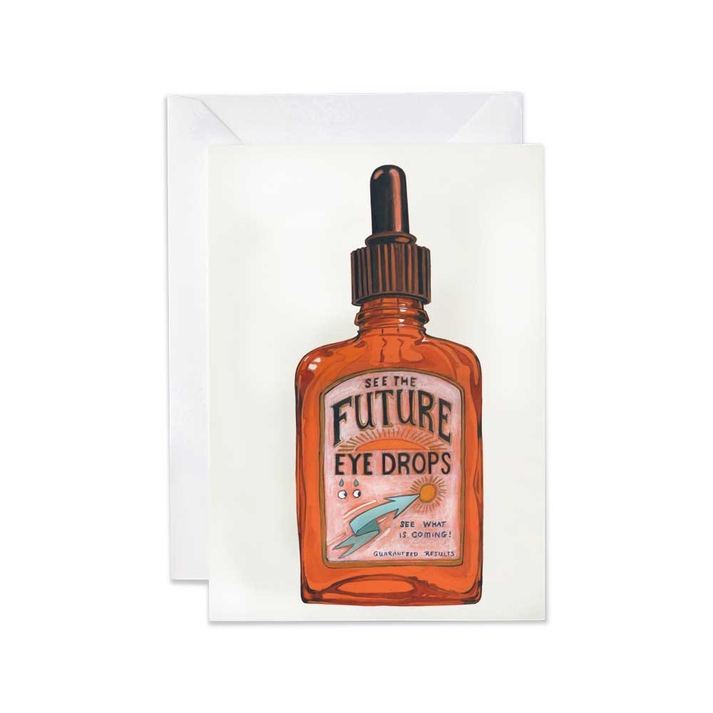 Greetings card Vinatge dropper  bottle of 'See the Future Eye Drops' labeled  on a white background