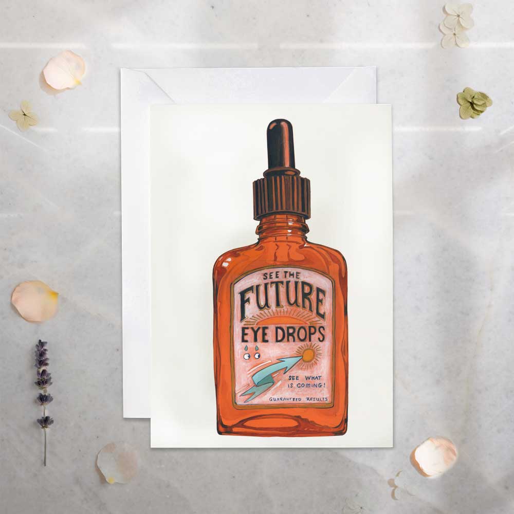 Illustration of a bottle labeled 'See the Future Eye Drops' on a textured white background.