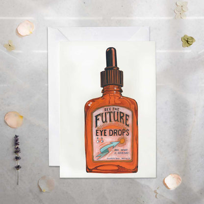 Illustration of a bottle labeled 'See the Future Eye Drops' on a textured white background.