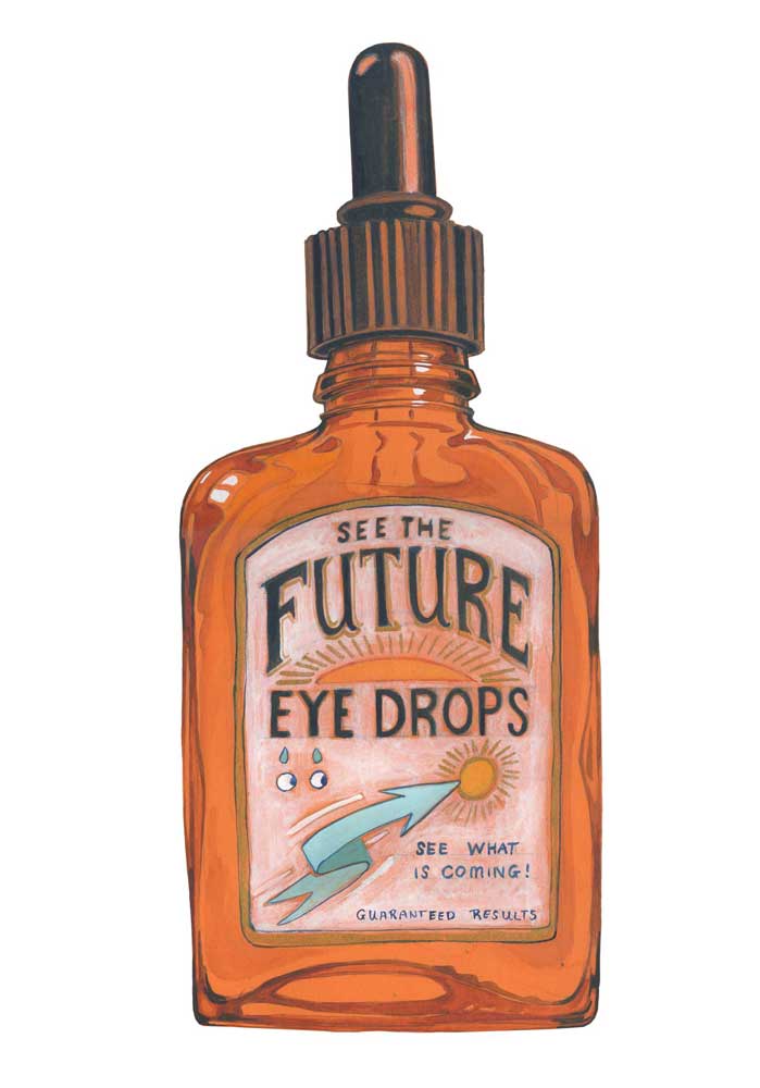 Greetings card Vinatge dropper  bottle of 'See the Future Eye Drops' labeled  on a white background