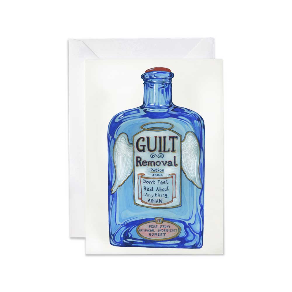 Greeting card with a blue bottle labeled 'Guilt Removal' on a white background