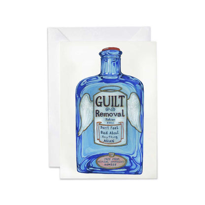 Greeting card with a blue bottle labeled 'Guilt Removal' on a white background