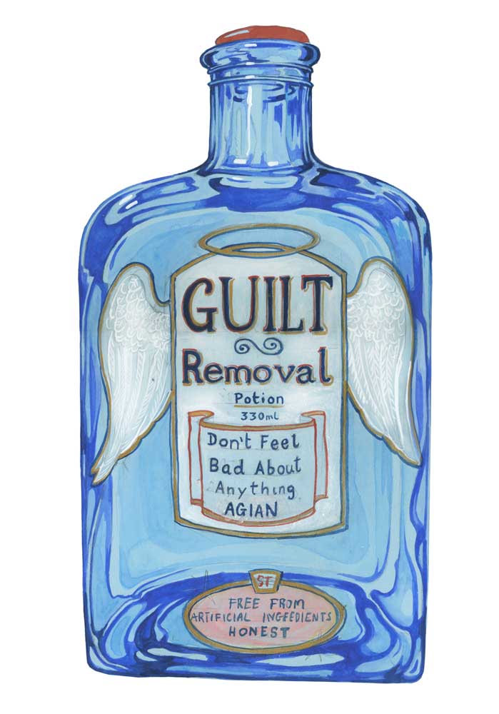 GreetingsCard Blue bottle labeled 'Guilt Removal' with angel wings on a white background vintage bottle