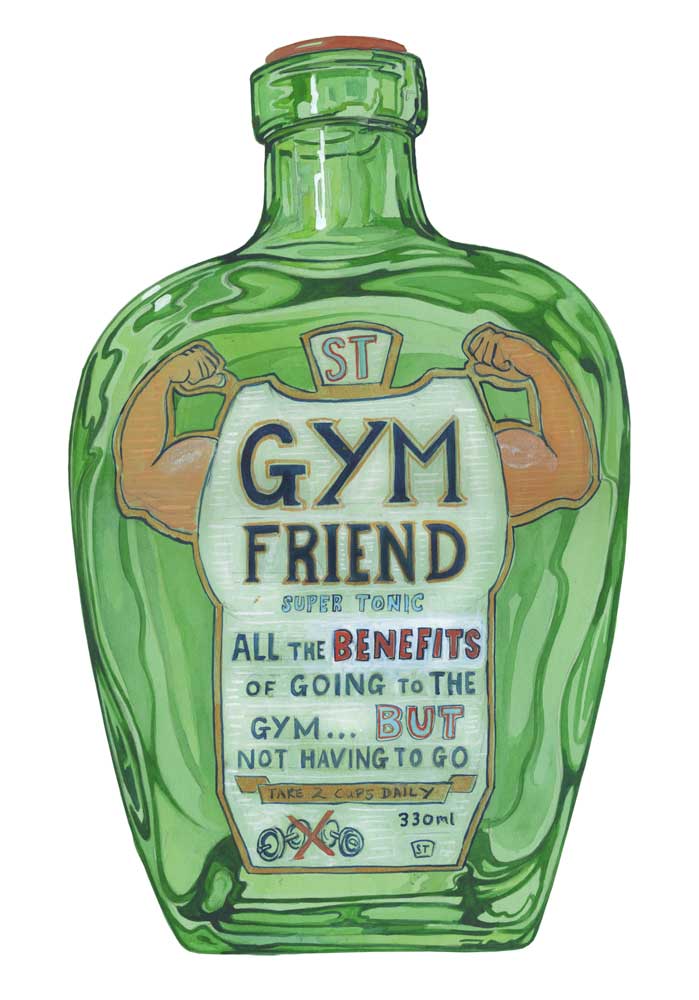 Greetinsg Card - Green bottle labeled 'Gym Friend' on a white background- All the benefits of going to teh gym but not going