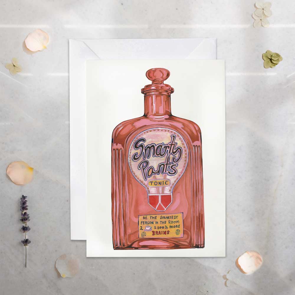 Greeting card -Smarty Pants Potion be the smartest person in the room!  Illustration of a pink bottle labeled 'Smart Pants Tonic' on a textured surface with decorative elements.
