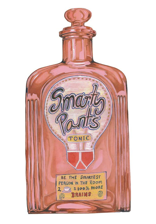 Greeting card -Smarty Pants Potion be the smartest person in the room! bottle of 'Smart Pants Tonic' on a white background watercolour illustration