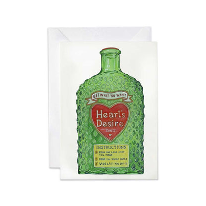 Greeting card 'Heart's Desire' potion get what you want! Green bottle design and 'Heart's Desire' text on a white background