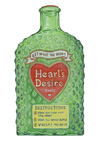 Greeting card 'Heart's Desire' potion get what you want! Green bottle design and 'Heart's Desire' text on a white background Watercolour illustration