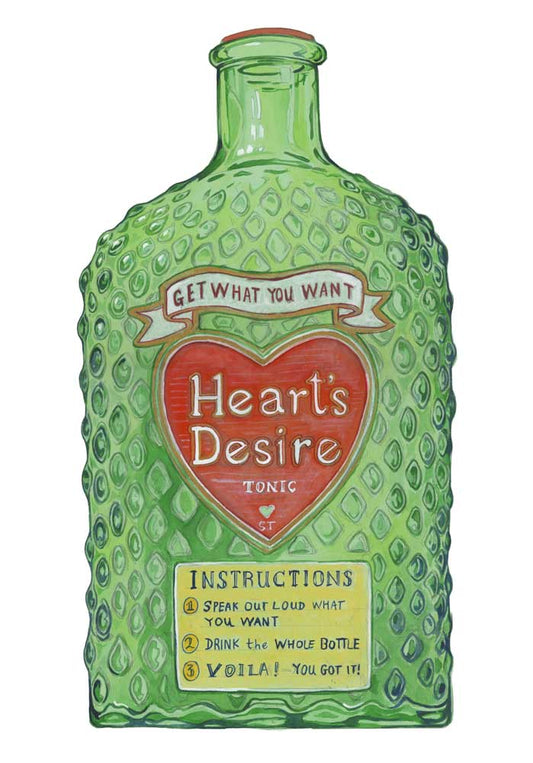 Greeting card 'Heart's Desire' potion get what you want! Green bottle design and 'Heart's Desire' text on a white background Watercolour illustration