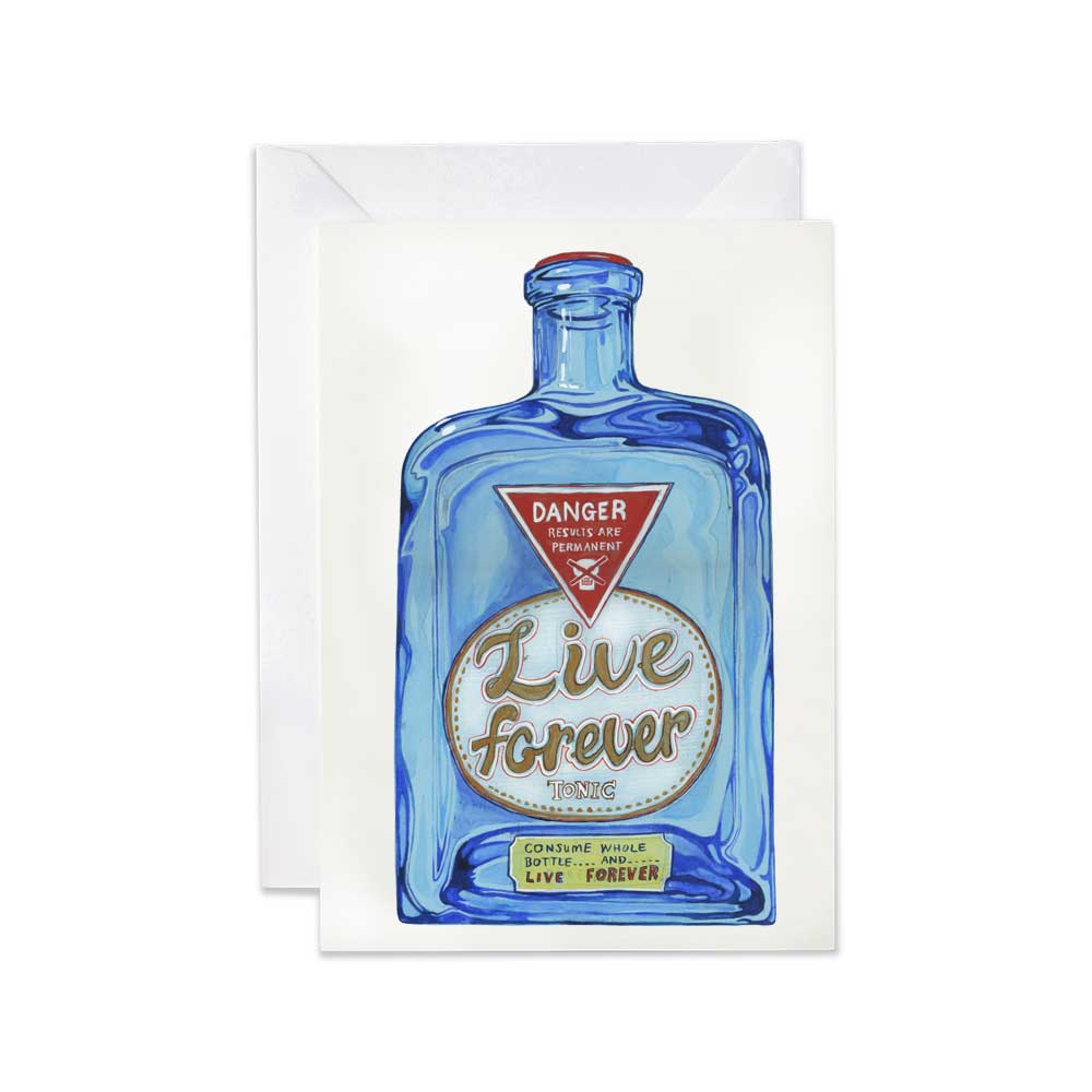 Greeting card- Live Forever Potion. Blue bottle design and 'Live Forever' text on a white background