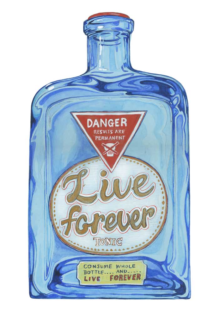 Greeting card- Live Forever Potion. Blue bottle design and 'Live Forever' text on a white background