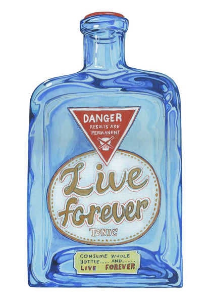 Greeting card- Live Forever Potion. Blue bottle design and 'Live Forever' text on a white background