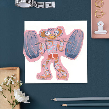 Monkey lifting weights  die cut greetings card