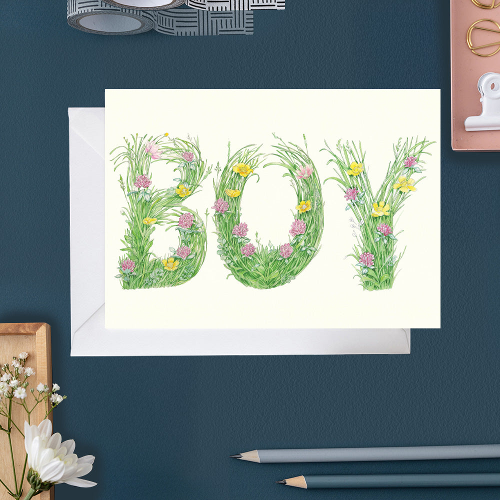 Boy - letters made out of meadow grass - Greetings Card