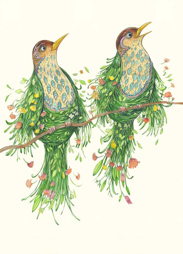 Two scuffy Thrushes - Card